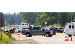 A crash early Thursday, July 15, 2021 just south of Highway 401 on Col. Talbot Road in London, Ont., sent two male drivers to hospital, one with life-threatening injuries. (MIKE HENSEN, The London Free Press)