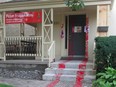 Opponents of Canada's deal to sell armoured vehicles supplied by London's General Dynamics Land Systems in London painted symbolic tank tire tracks at two MP offices and a private home. The paint was cleaned up mid-afternoon Monday at the MP offices.
(Photo was submitted by World BEYOND War)