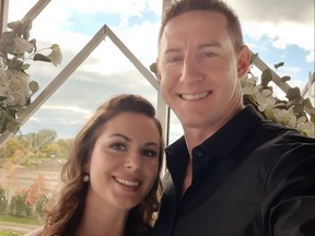 Mike Grass, 39, who's originally from London, was seriously hurt after crashing during a pro motorcycle race at the Canadian Tire Motorsport Park in Clarington Saturday, Aug. 14. He's seen here with fiancee Rachel Speers.  (Supplied)