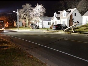 Sarnia police provided this photo of a pickup truck rollover on Thursday, Nov. 19, 2020 near Maxwell and Capel streets. (Sarnia police)