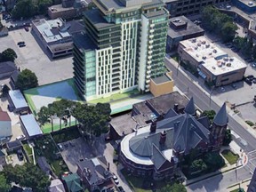 A proposed highrise apartment at 496 Dundas St. is shown in a bird's eye view. (Rendering)