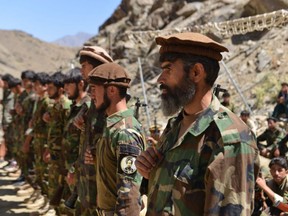 Afghan resistance movement and anti-Taliban uprising forces take part in a military training at the Abdullah Khil area of Dara district in Panjshir province on August 24, 2021. (Photo by Ahmad SAHEL ARMAN / AFP) (Photo by AHMAD SAHEL ARMAN/AFP via Getty Images)