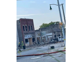 The charred storefront of a Subway restaurant is shown in the downtown of Wheatley shortly after an explosion that levelled two buildings and sent seven people to hospital on Thursday Aug. 28, 2021. Submitted photo