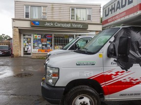 Police are investigating gunshots fired at about 5 a.m. Friday Aug. 6, 2021, at the Jack Campbell Variety store at Gladman Avenue and West Street in London that also apparently stuck a U-Haul moving van. (Mike Hensen/The London Free Press)