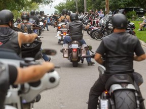 Bikers roll into in Port Dover on  Friday, Aug. 13, 2021.  OPP Sgt. Ed Sanchuk estimated 30,000 to 35,000 people showed up for the traditional Friday the 13th rally, down from pre-COVID meetups of more than 100,000. (Mike Hensen/The London Free Press)