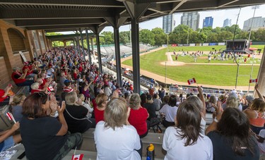 Hundreds of fans gathered in the shade of Labatt Parks main grandstand for the city celebrations for returning Olympians held in Labatt Park on Saturday August 28, 2021. 
Mike Hensen/The London Free Press/Postmedia Network