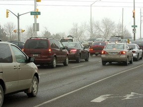 A city council committee voted Tuesday to shelve plans to add an extra lane on Wonderland Road between Sarnia and Southdale roads after city staff weighed its potential impact on greenhouse gas emissions.  The intersection of Wonderland and Sarnia roads is shown in this file photo. (Free Press file photo)