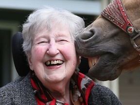 Lois Burke celebrates her 100th birthday a little early with a kiss from Freedom, a horse from TJ Stables, at Village on the Thames retirement home Wednesday. (Mark Malone/The Chatham Daily News)