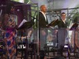 From left, Neema Bickersteth, Marcus Nance, Robery MArkus and Vanessa Sears perform in Why We Tell the Story, the cabaret tht opened the 2021 season of the Stratford Festival. (David Hou/Stratford Festival)