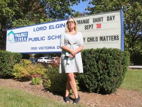 Dawn Ruddick, principal of Lord Elgin public school in London, Ont., stands outside the elementary school on Sept. 29, 2021, the first day of a weeklong closure driven by nearly a dozen student cases of COVID-19. (MEGAN STACEY/The London Free Press)