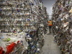 Bales of recycled materials at a Montreal recycling plant.