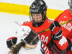 Ingersoll native Ella Shelton, fresh from Canada's gold-medal win at the women’s world hockey championship last month, has proved she deserves a chance to chase gold at the upcoming Beijing Olympic Winter Games, columnist Ryan Pyette says. (Derek Leung/Getty Images)