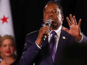 Gubernatorial recall candidate Larry Elder speaks to supporters at an election night event on Sept. 14, 2021 in Costa Mesa, Calif. He challenged the legitimacy of the results before a single vote was counted.