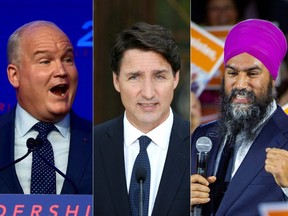 This combination of pictures created on Aug. 16, 2021 shows, from left to right, Conservative Leader Erin OToole, Prime Minister Justin Trudeau and NDP Leader Jagmeet Singh.