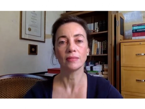 Julie Ponesse is an ethics professor at Western University's Huron University College. She's shown here in a screengrab from a video in which she says she won't take the COVID-19 vaccine, putting her career at the school at risk. (Instagram/Canadian Covid Care Alliance)