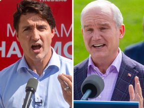 Liberal Leader Justin Trudeau and Conservative Leader Erin O'Toole are shown addressing party faithful during near-simultaneous rallies in wide-open London West on Friday Sept. 17, 2021. The riding is the only race in the London region without an incumbent seeking re-election (Mike Hensen/The London Free Press)