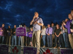 People's Party of Canada Leader Maxime Bernier speaks to thousands of supporters during a campaign rally at Steen Park in Aylmer, a hotbed of opposition to COVID-19 safety restrictions, on Wednesday September 15, 2021.  (Derek Ruttan/The London Free Press)