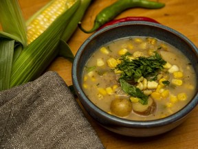 Diced jalapeno, chili powder, oregano and and a splash of lime add zest to this hearty corn potato chowder, Jill Wilcox says. (Derek Ruttan/The London Free Press)