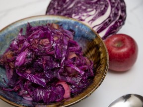 Bacon, caraway seed, brown sugar and cider vinegar make braised red cabbage and apples a tasty, colourful fall side dish, Jill Wilcox says. (Derek Ruttan/The London Free Press)