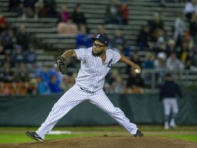 London Majors pitcher Pedro De Los Santos pitches in the first inning of the IBL finals Game One against the Toronto Maple Leafs at Labatt Park in London on Friday September 24, 2021. London won, 4-3. Derek Ruttan/The London Free Press/Postmedia Network
