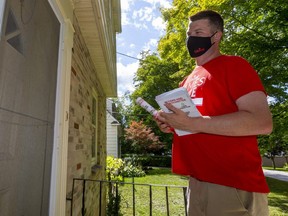 Huron-Bruce Liberal candidate James Rice walks door to door canvassing in Wingham. Photograph taken on Wednesday September 8, 2021. (Mike Hensen/The London Free Press)