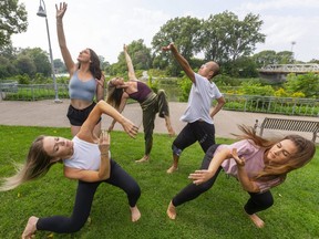 The London Dance Festival returns this weekend with performances and workshops on Dundas Place and Ivey Park.
Getting ready for the fun are, clockwise from lower left, Cynthia Nakeyar, Justine Strokan, Kaitlin Torrance, Yuan Sui and Clara Gharibo. (Mike Hensen/The London Free Press)