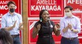 Arielle Kayabaga, the Liberal candidate for London West, introduces Prime Minister Justin Trudeau with Peter Fragiskatos, right, during a campaign stop at Storm Stayed Brewing Co. in London last Friday. Kayabaga won the hotly contested riding in Monday's election.  
(Mike Hensen/The London Free Press)