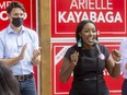Arielle Kayabaga, the Liberal candidate for London West, introduces Prime Minister Justin Trudeau with Peter Fragiskatos, right, during a campaign stop at Storm Stayed Brewing Co. in London last Friday. Kayabaga won the hotly contested riding in Monday's election.  
(Mike Hensen/The London Free Press)