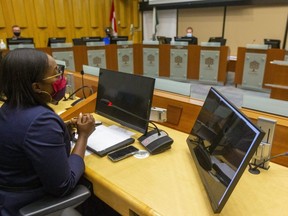 Arielle Kayabaga is the outgoing Ward 13 councillor, after being elected London West MP. She was in council chambers on Tuesday to say goodbye to councillors both in person and online. (Mike Hensen/The London Free Press)