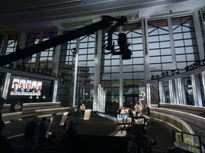 Journalists prepare in the studio for the Sept. 8 French-language debate to be hosted by Radio-Canada near the Canadian Museum of History in Gatineau.