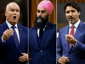 Conservative leader Erin O'Toole, NDP leader Jagmeet Singh and Prime Minister Justin Trudeau (Photos by BLAIR GABLE/REUTERS; SEAN KILPATRICK/THE CANADIAN PRESS)