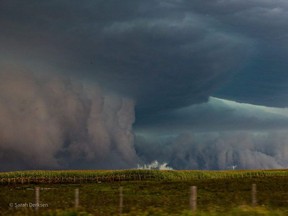 Dark storm clouds roar over a farmer's field near the Saugeen Bluffs Conservation Area Tuesday afternoon. (Sarah Rizzardo photo)