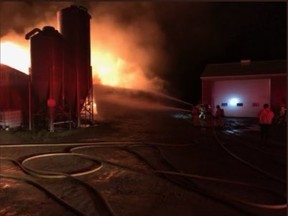 London firefighters responded to a barn fire on Westminster Drive Wednesday evening that caused $750,000 damage. No animals or people were hurt. (London Fire Department/Twitter)