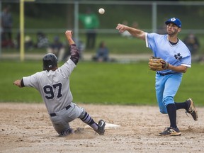 Toronto Maple Leafs player Dan Marra throws the ball during the fifth inning of Game 2 of the Intercounty Baseball League championship as London Majors baserunner Carlos Arteaga slides into second base at Christie Pits park in Toronto on Sunday. The Maple Leafs won to even the best-of-five series at 1-1. Ernest Doroszuk/
Toronto Sun/
Postmedia