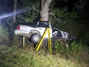 A Centralia teen died when the car he was driving left Ausable Line and struck a tree. Huron OPP responded to the crash at 4:15 a.m. Thursday. (OPP photo)