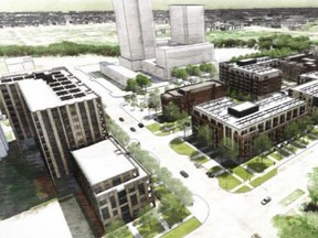 Artist renderings of the new affordable housing development planned by a group of six non-profit housing organizations at the old Victoria Hospital lands. This shows the block between Hill, Colborne, South and Waterloo streets, looking northeast.