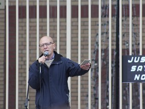 Ward 1 Coun. Michael van Holst speaks at a rally in Victoria Park on Oct. 16, 2021, to protest vaccine mandates, COVID-19 public health rules, and pandemic restrictions. Van Holst is asking city council's corporate services committee to treat unvaccinated city staff the same as vaccinated staff and not require them to do two rapid tests a week.  (MEGAN STACEY, The London Free Press)