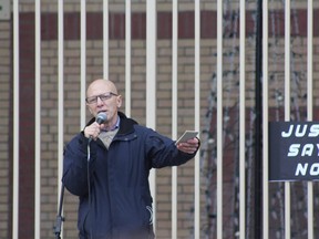 Ward 1 Coun. Michael van Holst speaks at a rally in Victoria Park on Oct. 16, 2021, to protest vaccine mandates, COVID-19 public health rules, and pandemic restrictions.  (MEGAN STACEY, The London Free Press)