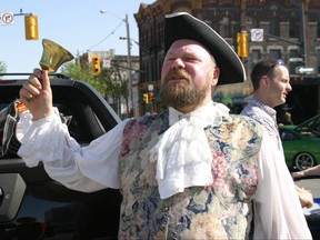 Bill Paul, London's self-appointed town crier, in full regalia and mid-proclamation downtown in 2005. (Ken Wightman/The London Free Press)