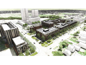 Artist renderings of the new affordable housing development planned by a group of six non-profit housing organizations at the old Victoria Hospital lands. This shows the block between Hill, Colborne, South and Waterloo streets, looking northeast.