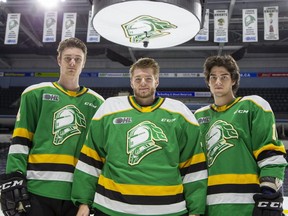 The London Knights are counting on veterans Ben Roger, left, Brett Brochu and Luke Evangelista to set the course for an Ontario Hockey League title while their younger teammates get used to the major junior pace. The Knights play their first game of the season Friday night against the Owen Sound Attack at Budweiser Gardens. (Derek Ruttan/The London Free Press)