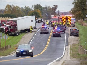 A person traveling in a passenger vehicle was killed in a collision with a transport truck on Imperial Road near Lyons Line north of  Aylmer on Wednesday October 27, 2021. Derek Ruttan/The London Free Press/Postmedia Network