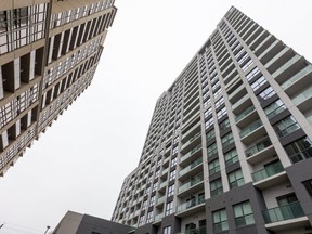 Residents who live in a highrise at 400 Lyle St. in London, where a child died Saturday in a fall, have been advised not to use their balconies after an inspection by city building officials found them to be unsafe. Openings in the balcony guardrails are bigger than 100 millimetres, the city said in a release.  (Mike Hensen/The London Free Press)