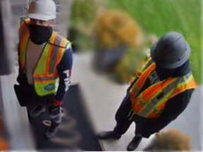 Woodstock police are searching for two men who dressed as construction workers while robbing a resident at a home on Master Drive. The knocked on the front door at about 1:30 p.m. Thursday, pointed a firearm at the resident who answered the door and then stole designer jewelry and designer bags. (Police handout)