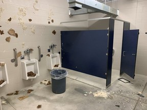 Huron County OPP say washrooms at Bannister Park in Goderich were likely destroyed by teens taking part in an online challenge called Devious Licks that encourages young people to damage and steal property while filming the event. Damage is estimated at $3,000. Several picnic tables were destroyed, signs were stolen and the pavilion was tagged with graffiti. (Huron County OPP photo)