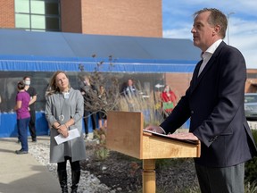 Jeff Yurek, MPP for Elgin-Middlesex-London, and Karen Davies, president and CEO at St. Thomas Elgin General Hospital, announce the hospital has been given funding for its own MRI machine. Photo taken Thursday Oct. 28, 2021. (Serena Marotta, The London Free Press)