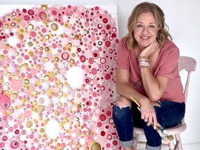 London abstract artist Lisa Stead is taking bids on this piece, Pretty In Pink, to raise money for Breast Cancer Society research to mark Breast Cancer Awareness Month. (Supplied)