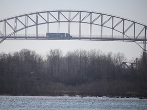 A transport heads northbound on the International Bridge on Friday, April 16, 2021 in Sault Ste. Marie, Ont. (BRIAN KELLY/Postmedia Network)