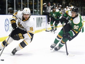Sarnia Sting's Theo Hill is chased by London Knights forward Landon Sim in a game Oct. 16 at Progressive Auto Sales Arena in Sarnia. The two teams play each other again Tuesday in Sarnia. Mark Malone/Postmedia News