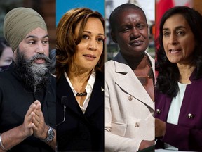 Left to right: NDP leader Jagmeet Singh; U.S. Vice-President Kamala Harris; former Green party leader Annamie Paul; Minister of National Defence Anita Anand.